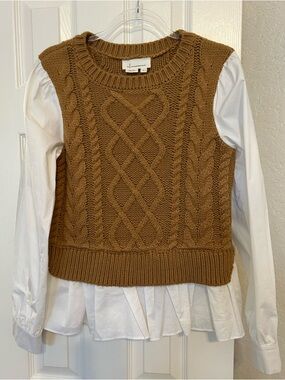 Anthropologie Cable-Knit Crewneck layered Camel Vest & built in white blouse